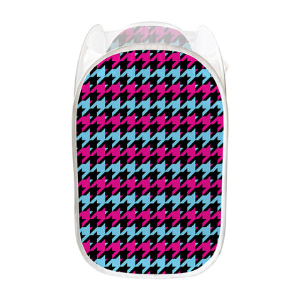 Pink Blue And Black Houndstooth Print Mesh Laundry Hamper