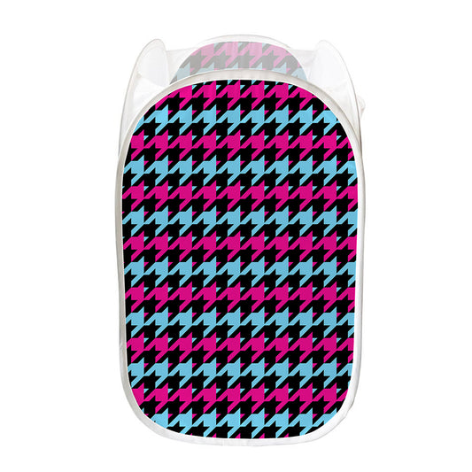 Pink Blue And Black Houndstooth Print Mesh Laundry Hamper