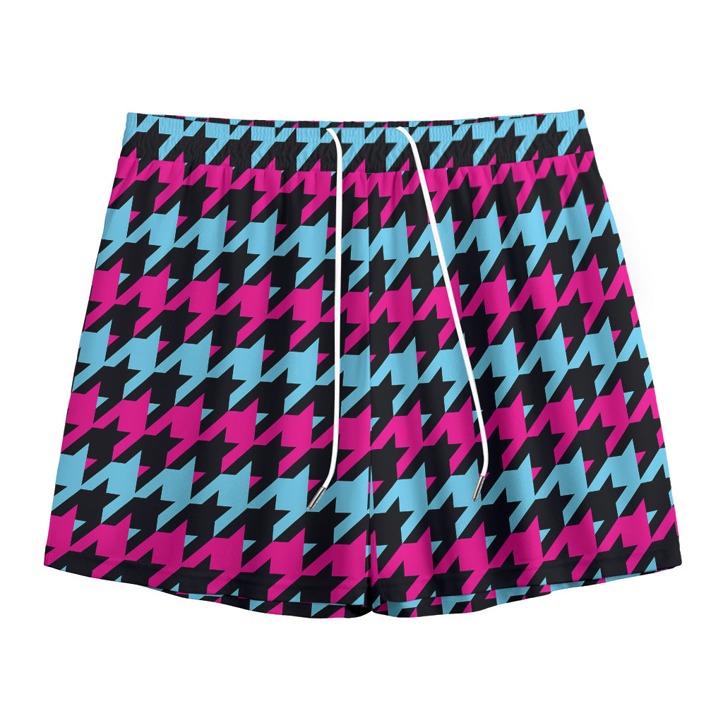 Pink Blue And Black Houndstooth Print Mesh Shorts