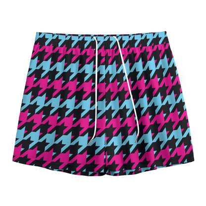 Pink Blue And Black Houndstooth Print Mesh Shorts