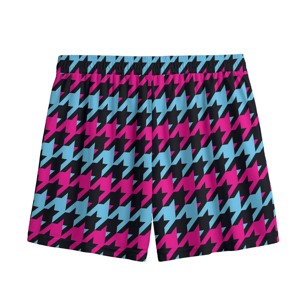 Pink Blue And Black Houndstooth Print Mesh Shorts