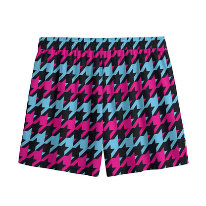 Pink Blue And Black Houndstooth Print Mesh Shorts