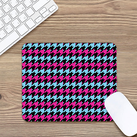 Pink Blue And Black Houndstooth Print Mouse Pad