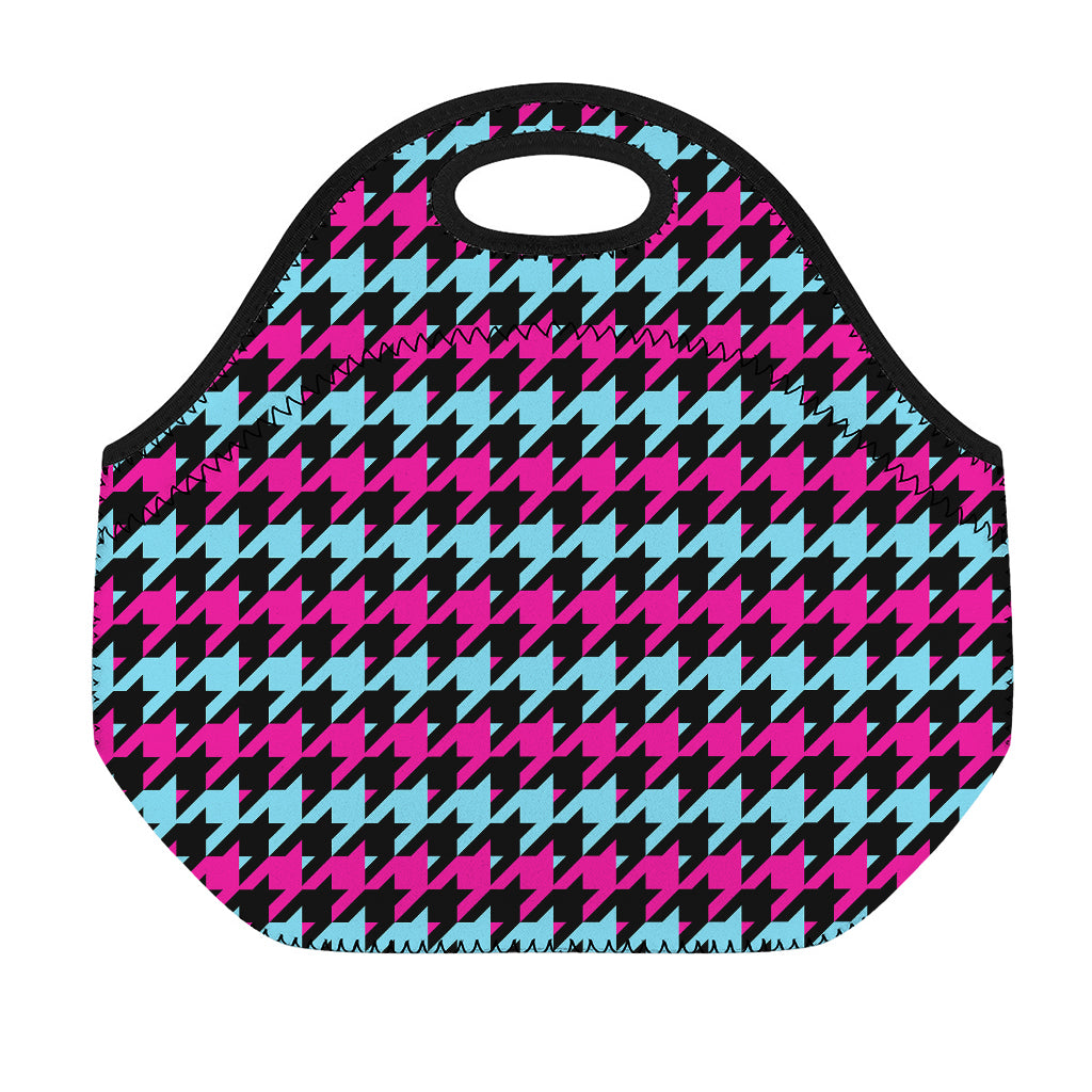 Pink Blue And Black Houndstooth Print Neoprene Lunch Bag