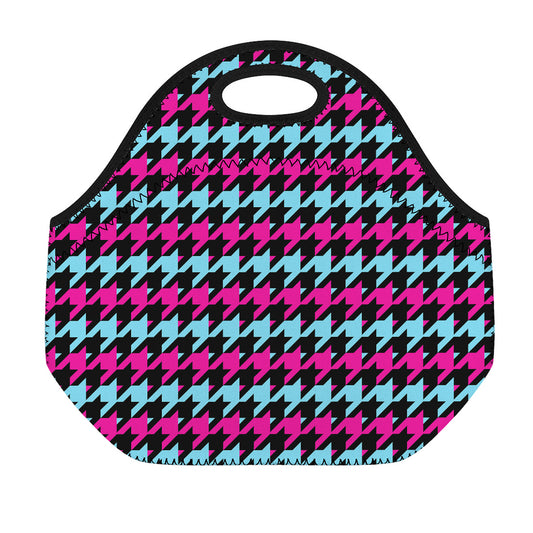 Pink Blue And Black Houndstooth Print Neoprene Lunch Bag