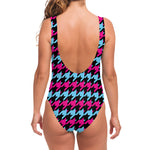 Pink Blue And Black Houndstooth Print One Piece Swimsuit