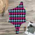 Pink Blue And Black Houndstooth Print One Shoulder Bodysuit