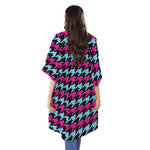 Pink Blue And Black Houndstooth Print Open Front Beach Cover Up