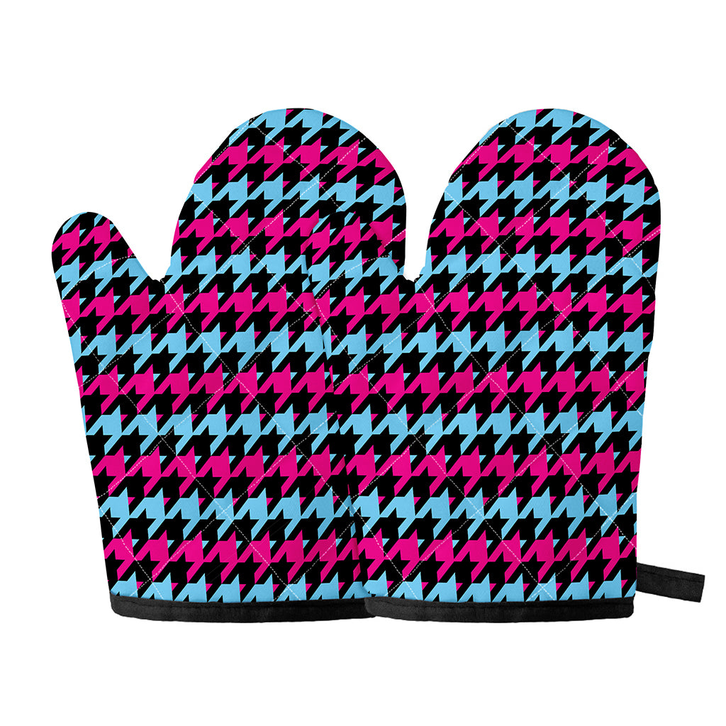 Pink Blue And Black Houndstooth Print Oven Mitts