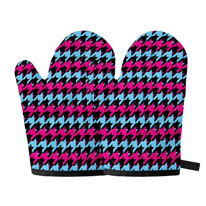 Pink Blue And Black Houndstooth Print Oven Mitts