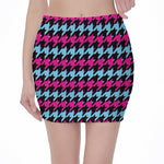 Pink Blue And Black Houndstooth Print Pencil Mini Skirt