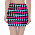 Pink Blue And Black Houndstooth Print Pencil Mini Skirt