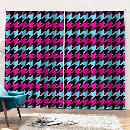 Pink Blue And Black Houndstooth Print Pencil Pleat Curtains