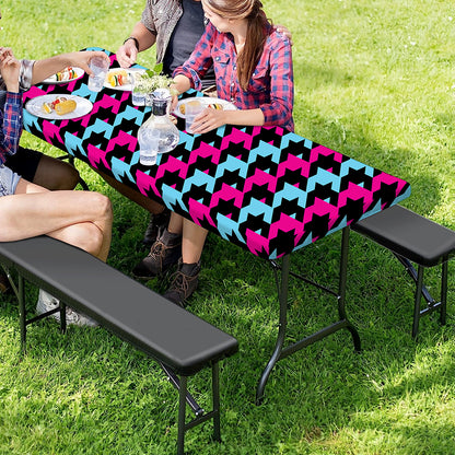 Pink Blue And Black Houndstooth Print Picnic Table Cover