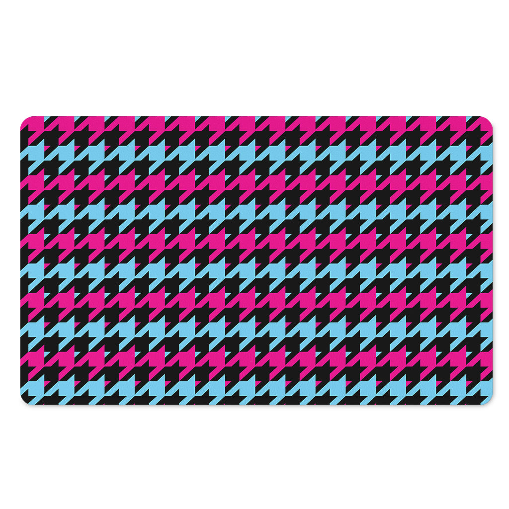 Pink Blue And Black Houndstooth Print Polyester Doormat
