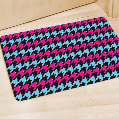 Pink Blue And Black Houndstooth Print Polyester Doormat