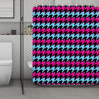 Pink Blue And Black Houndstooth Print Polyester Shower Curtain
