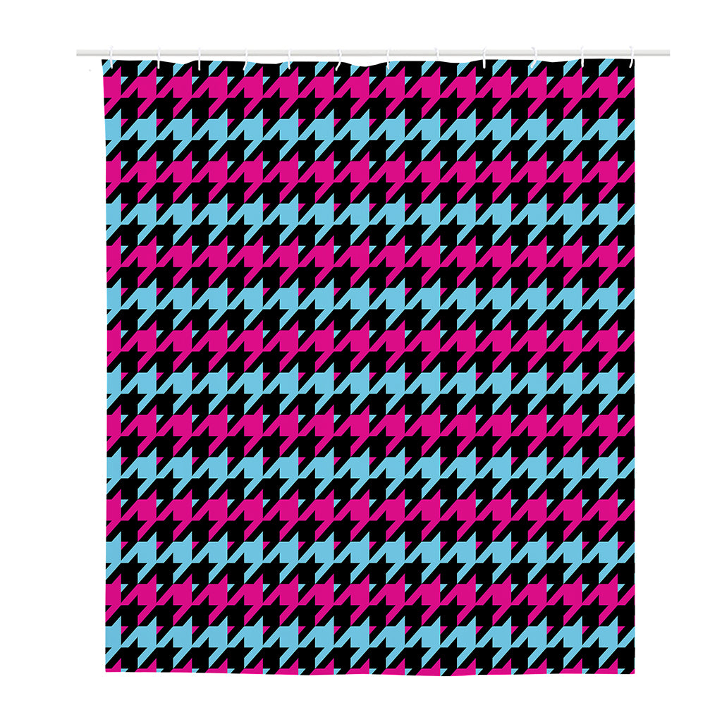 Pink Blue And Black Houndstooth Print Polyester Shower Curtain