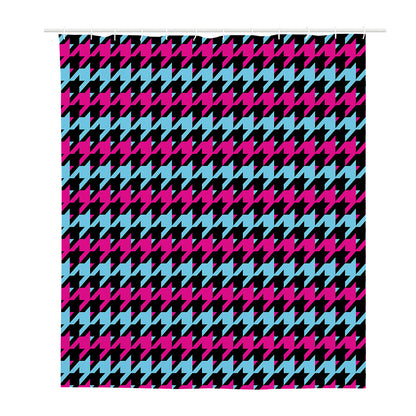 Pink Blue And Black Houndstooth Print Polyester Shower Curtain