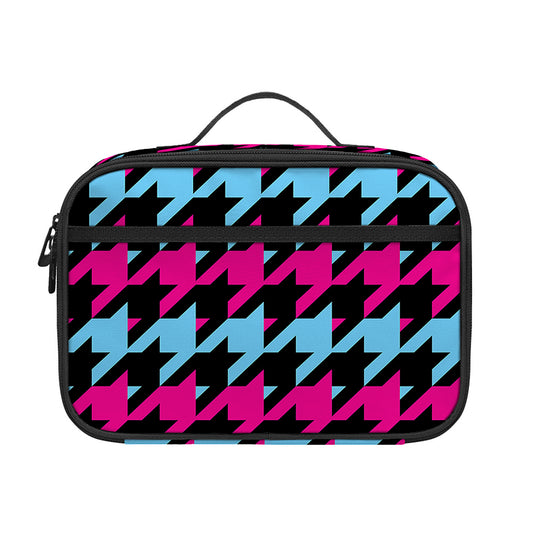 Pink Blue And Black Houndstooth Print Portable Lunch Bag