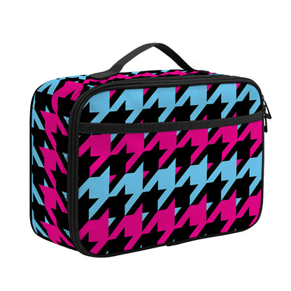 Pink Blue And Black Houndstooth Print Portable Lunch Bag