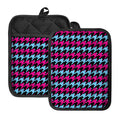 Pink Blue And Black Houndstooth Print Pot Holders With Pocket