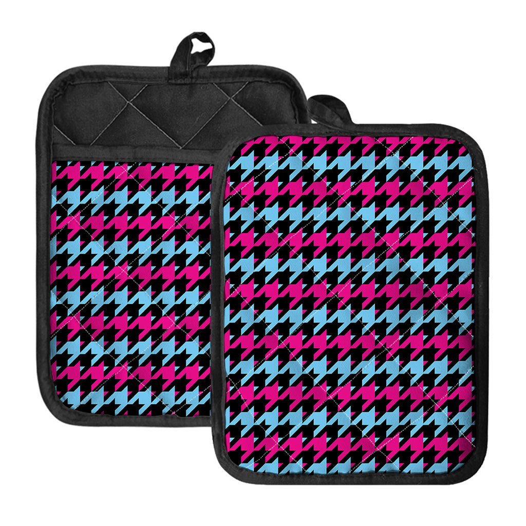 Pink Blue And Black Houndstooth Print Pot Holders With Pocket