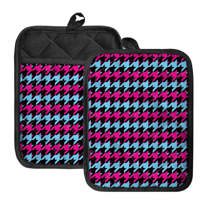 Pink Blue And Black Houndstooth Print Pot Holders With Pocket