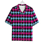 Pink Blue And Black Houndstooth Print Rayon Hawaiian Shirt