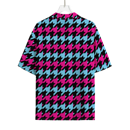 Pink Blue And Black Houndstooth Print Rayon Hawaiian Shirt