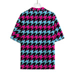 Pink Blue And Black Houndstooth Print Rayon Hawaiian Shirt