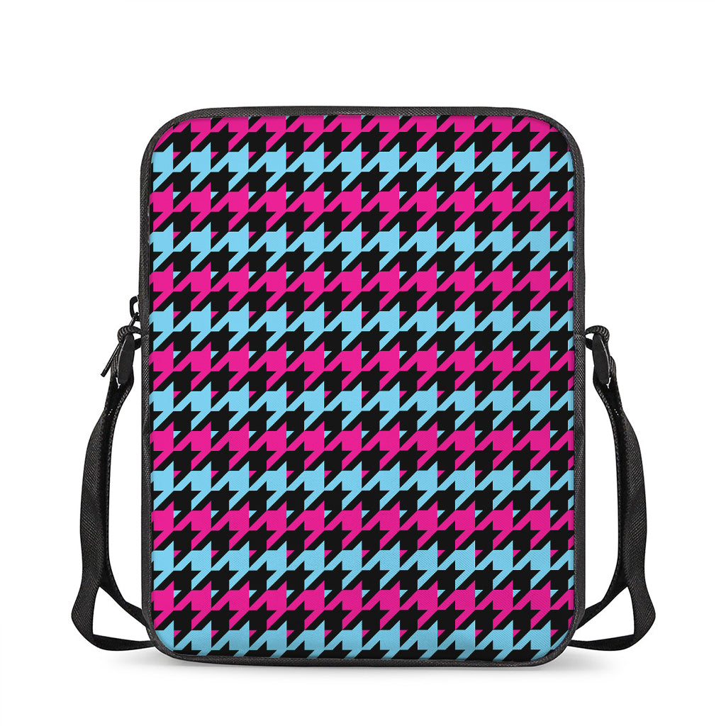 Pink Blue And Black Houndstooth Print Rectangular Crossbody Bag