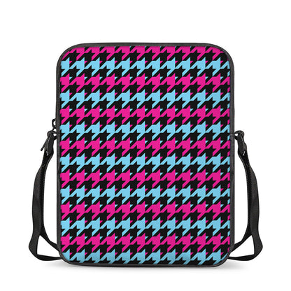 Pink Blue And Black Houndstooth Print Rectangular Crossbody Bag