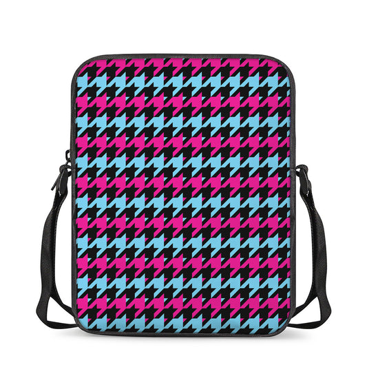 Pink Blue And Black Houndstooth Print Rectangular Crossbody Bag