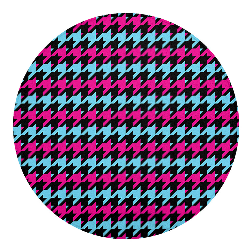 Pink Blue And Black Houndstooth Print Round Blanket
