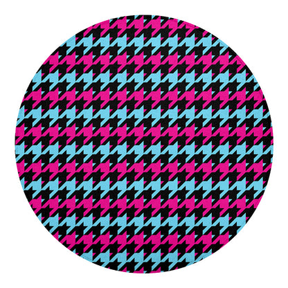 Pink Blue And Black Houndstooth Print Round Blanket