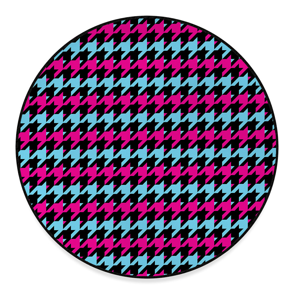Pink Blue And Black Houndstooth Print Round Floor Mat