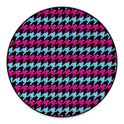 Pink Blue And Black Houndstooth Print Round Floor Mat