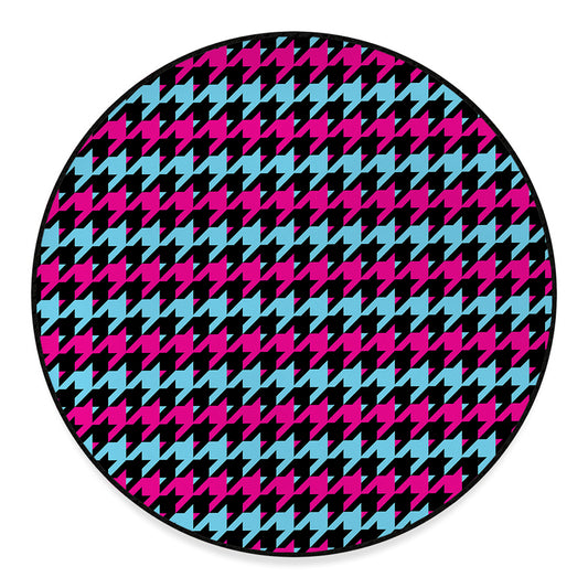Pink Blue And Black Houndstooth Print Round Floor Mat