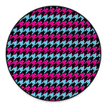 Pink Blue And Black Houndstooth Print Round Floor Mat