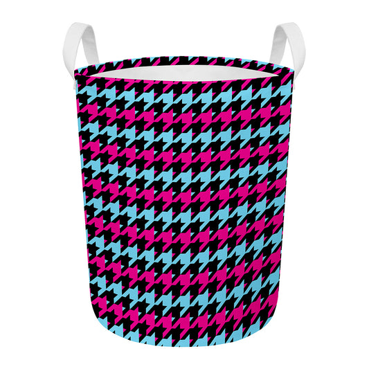 Pink Blue And Black Houndstooth Print Round Laundry Basket