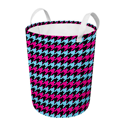 Pink Blue And Black Houndstooth Print Round Laundry Basket