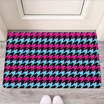 Pink Blue And Black Houndstooth Print Rubber Doormat