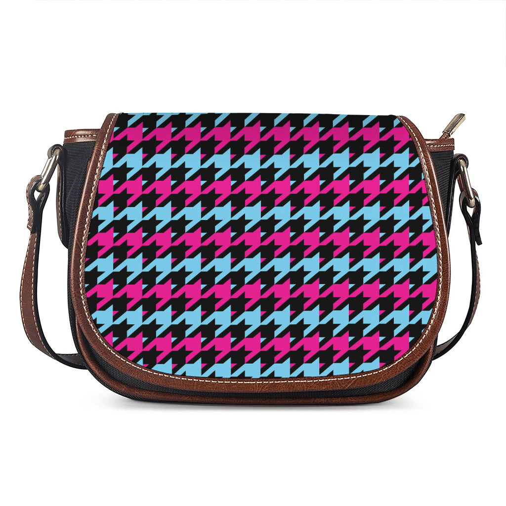 Pink Blue And Black Houndstooth Print Saddle Bag