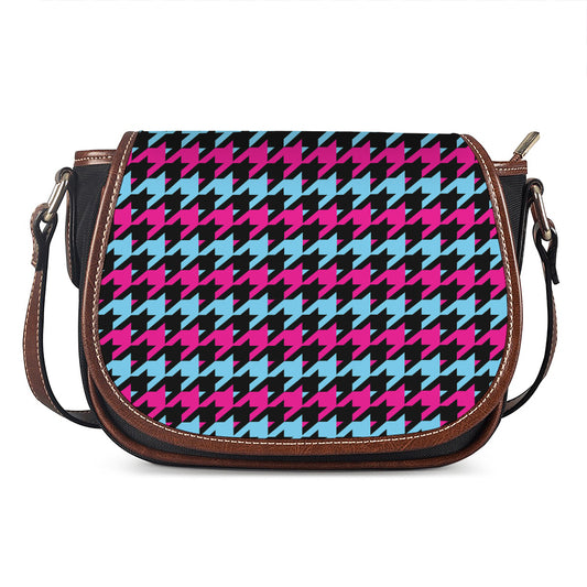 Pink Blue And Black Houndstooth Print Saddle Bag