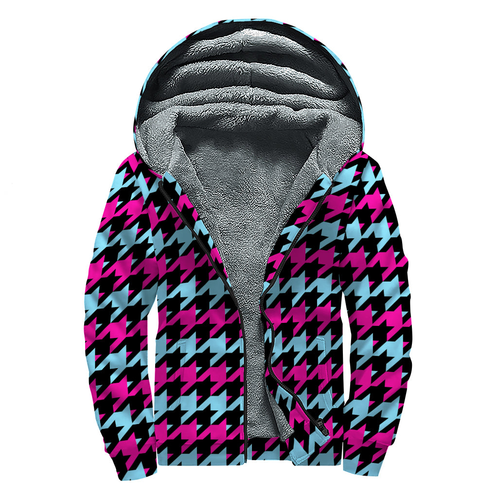Pink Blue And Black Houndstooth Print Sherpa Lined Zip Up Hoodie