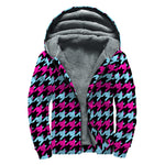 Pink Blue And Black Houndstooth Print Sherpa Lined Zip Up Hoodie