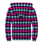 Pink Blue And Black Houndstooth Print Sherpa Lined Zip Up Hoodie
