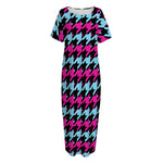 Pink Blue And Black Houndstooth Print Short Sleeve Long Nightdress