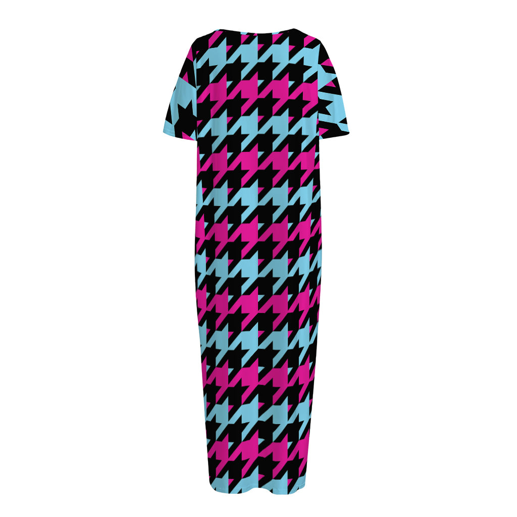Pink Blue And Black Houndstooth Print Short Sleeve Long Nightdress